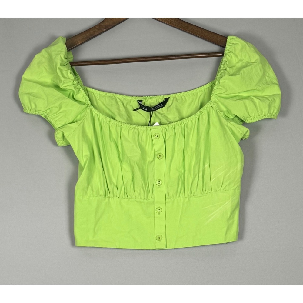 Zara Crop Top Womens Medium Lime Green New With Tags Puff Sleeve Faux Button